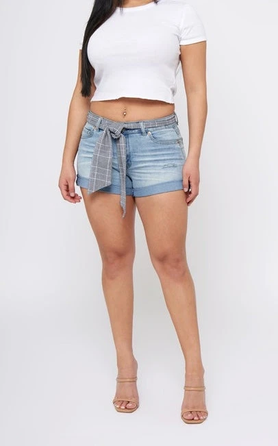 Scarf Belt Shorts-LIGHT WASH