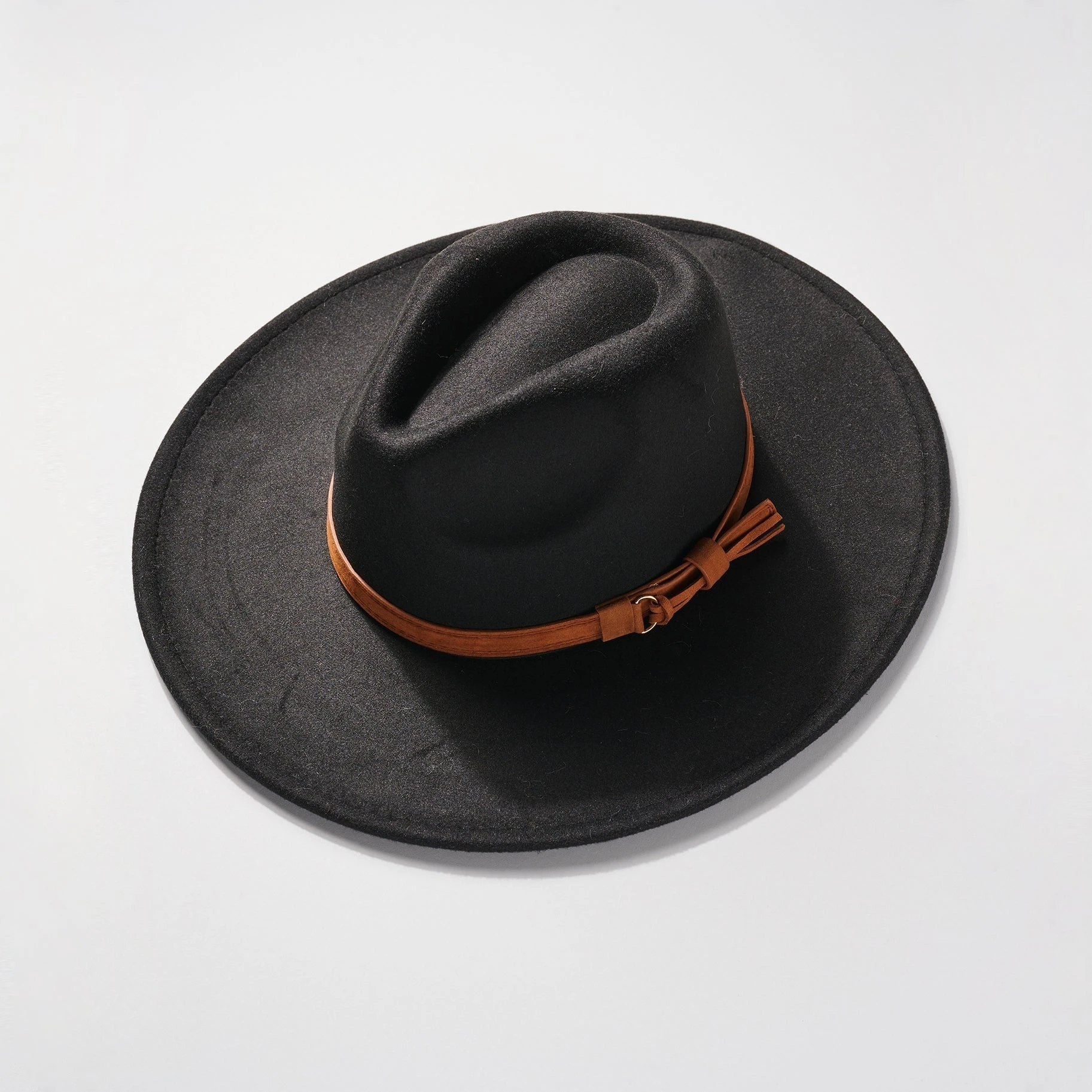 Faux Wool Rancher Hat with Leather Strap - Black