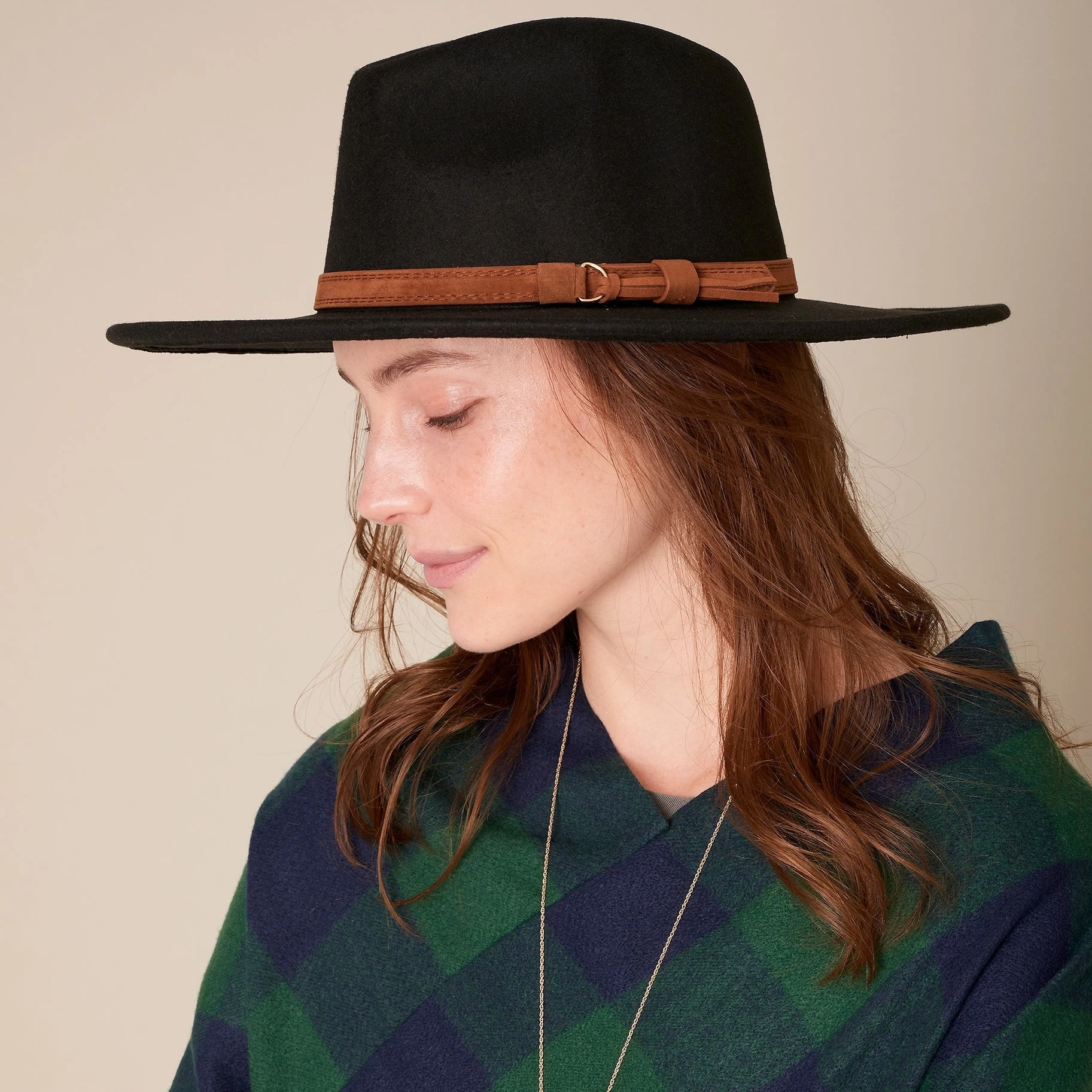 Faux Wool Rancher Hat with Leather Strap - Black