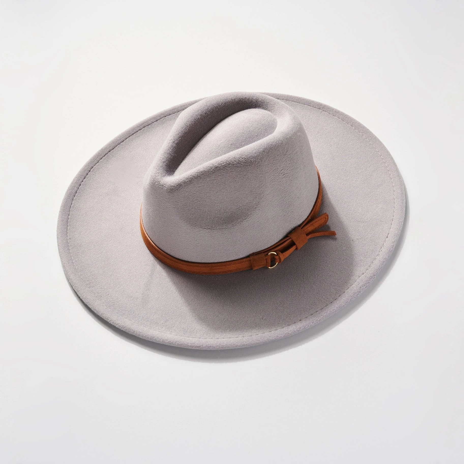 Faux Wool Rancher Hat with Leather Strap - Gray