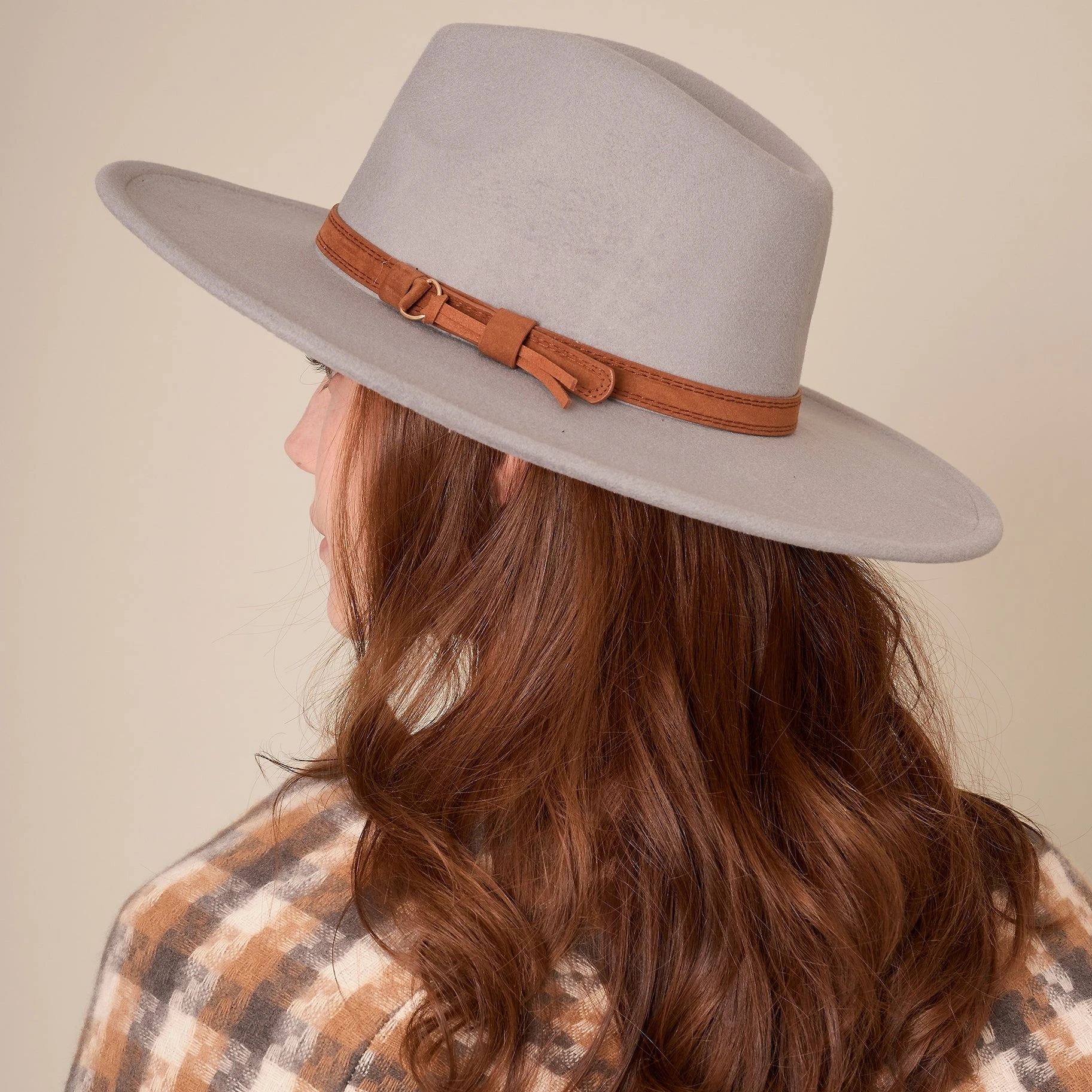 Faux Wool Rancher Hat with Leather Strap - Gray