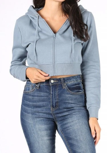 Cropped Zip-up Hoodie-DUSTY BLUE