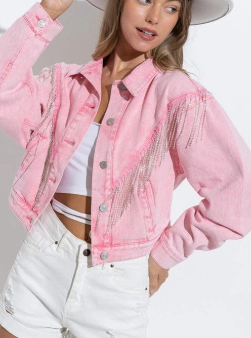 Dolly Denim Rhinestone Fringe Jacket